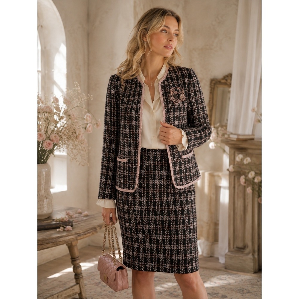 Vintage Jessica Howard Skirt Suit Set 12 Pink Black Plaid Boucle Preppy Coquette